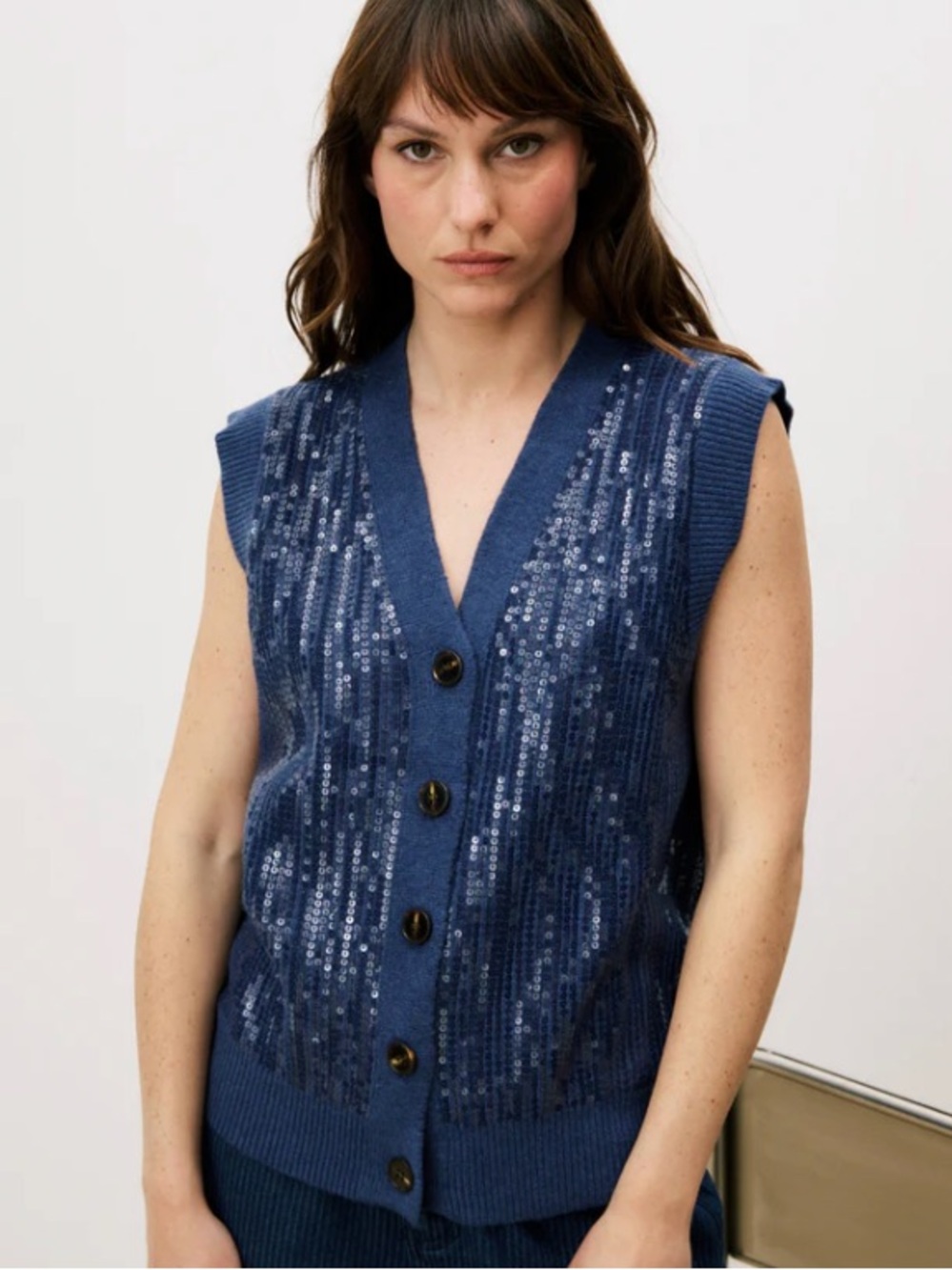 FRNCH Sequined Sweater Vest soft fuzzy sleeveless deep blue Embellish Sz Small
